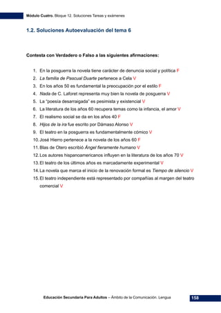 Módulo Cuatro. Bloque 12. Soluciones Tareas y exámenes
Educación Secundaria Para Adultos – Ámbito de la Comunicación. Lengua 158
1.2. Soluciones Autoevaluación del tema 6
Contesta con Verdadero o Falso a las siguientes afirmaciones:
1. En la posguerra la novela tiene carácter de denuncia social y política F
2. La familia de Pascual Duarte pertenece a Cela V
3. En los años 50 es fundamental la preocupación por el estilo F
4. Nada de C. Laforet representa muy bien la novela de posguerra V
5. La “poesía desarraigada” es pesimista y existencial V
6. La literatura de los años 60 recupera temas como la infancia, el amor V
7. El realismo social se da en los años 40 F
8. Hijos de la ira fue escrito por Dámaso Alonso V
9. El teatro en la posguerra es fundamentalmente cómico V
10.José Hierro pertenece a la novela de los años 60 F
11.Blas de Otero escribió Ángel fieramente humano V
12.Los autores hispanoamericanos influyen en la literatura de los años 70 V
13.El teatro de los últimos años es marcadamente experimental V
14.La novela que marca el inicio de la renovación formal es Tiempo de silencio V
15.El teatro independiente está representado por compañías al margen del teatro
comercial V
 