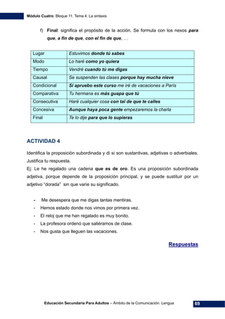 Módulo Cuatro. Bloque 11. Tema 4. La sintaxis
Educación Secundaria Para Adultos – Ámbito de la Comunicación. Lengua 69
f) Final: significa el propósito de la acción. Se formula con los nexos para
que, a fin de que, con el fin de que, …
Lugar Estuvimos donde tú sabes
Modo Lo haré como yo quiera
Tiempo Vendré cuando tú me digas
Causal Se suspenden las clases porque hay mucha nieve
Condicional Si apruebo este curso me iré de vacaciones a París
Comparativa Tu hermana es más guapa que tú
Consecutiva Haré cualquier cosa con tal de que te calles
Concesiva Aunque haya poca gente empezaremos la charla
Final Te lo dije para que lo supieras
ACTIVIDAD 4
Identifica la proposición subordinada y di si son sustantivas, adjetivas o adverbiales.
Justifica tu respuesta.
Ej: Le he regalado una cadena que es de oro. Es una proposición subordinada
adjetiva, porque depende de la proposición principal, y se puede sustituir por un
adjetivo “dorada” sin que varíe su significado.
- Me desespera que me digas tantas mentiras.
- Hemos estado donde nos vimos por primera vez.
- El reloj que me han regalado es muy bonito.
- La profesora ordenó que saliéramos de clase.
- Nos gusta que lleguen las vacaciones.
Respuestas
 