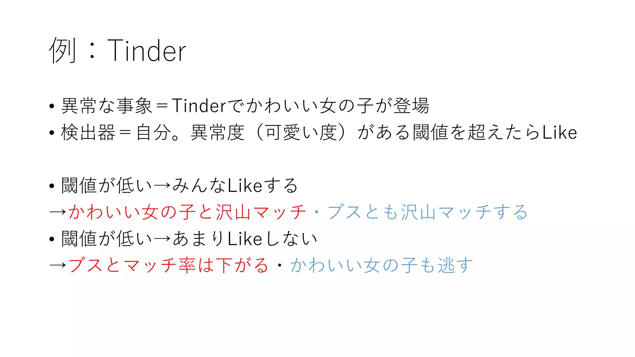 例：Tinder
• 異常な事象＝Tinderでかわいい女の子が登場
• 検出器＝自分。異常度（可愛い度）がある閾値を超えたらLike
• 閾値が低い→みんなLikeする
→かわいい女の子と沢山マッチ・ブスとも沢山マッチする
• 閾値が低い→あまりLikeしない
→ブスとマッチ率は下がる・かわいい女の子も逃す
 