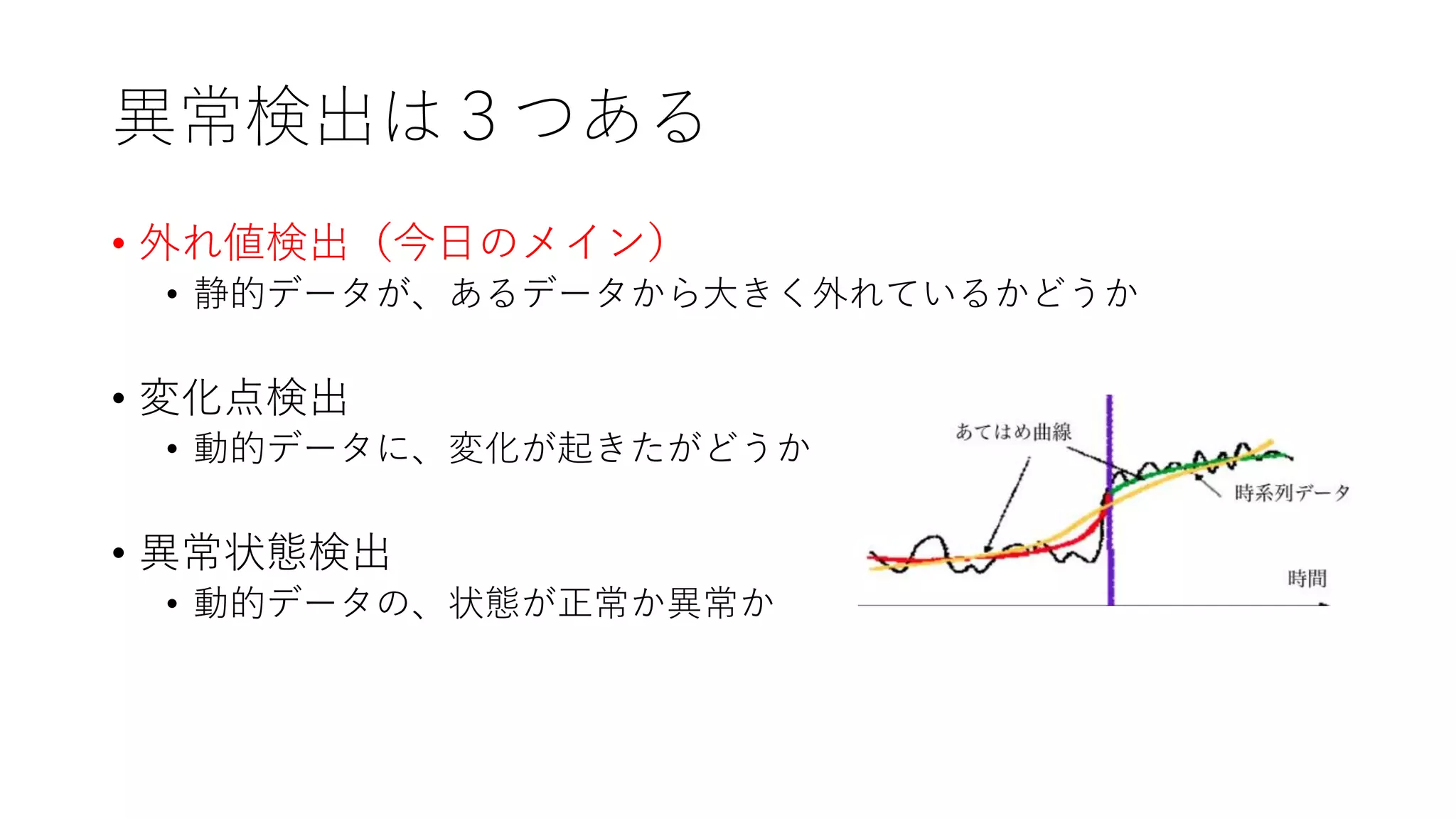 異常検出は３つある
• 外れ値検出（今日のメイン）
• 静的データが、あるデータから大きく外れているかどうか
• 変化点検出
• 動的データに、変化が起きたがどうか
• 異常状態検出
• 動的データの、状態が正常か異常か
 