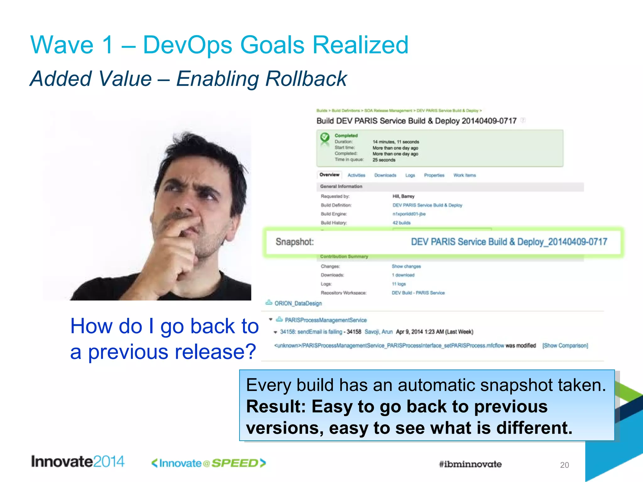 Added Value – Enabling Rollback
20
Wave 1 – DevOps Goals Realized
How do I go back to
a previous release?
Every build has an automatic snapshot taken.
Result: Easy to go back to previous
versions, easy to see what is different.
Every build has an automatic snapshot taken.
Result: Easy to go back to previous
versions, easy to see what is different.
 