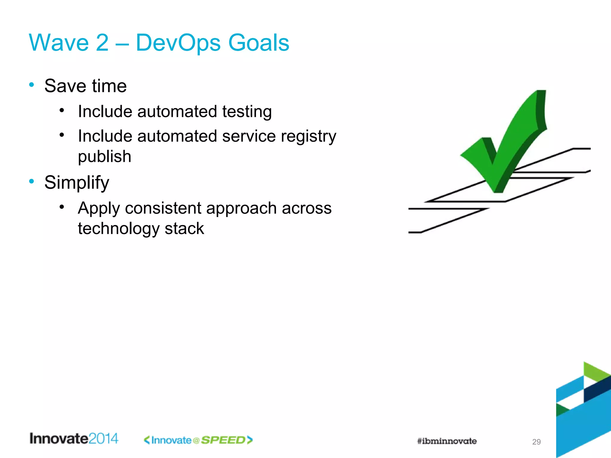 29
• Save time
• Include automated testing
• Include automated service registry
publish
• Simplify
• Apply consistent approach across
technology stack
Wave 2 – DevOps Goals
 