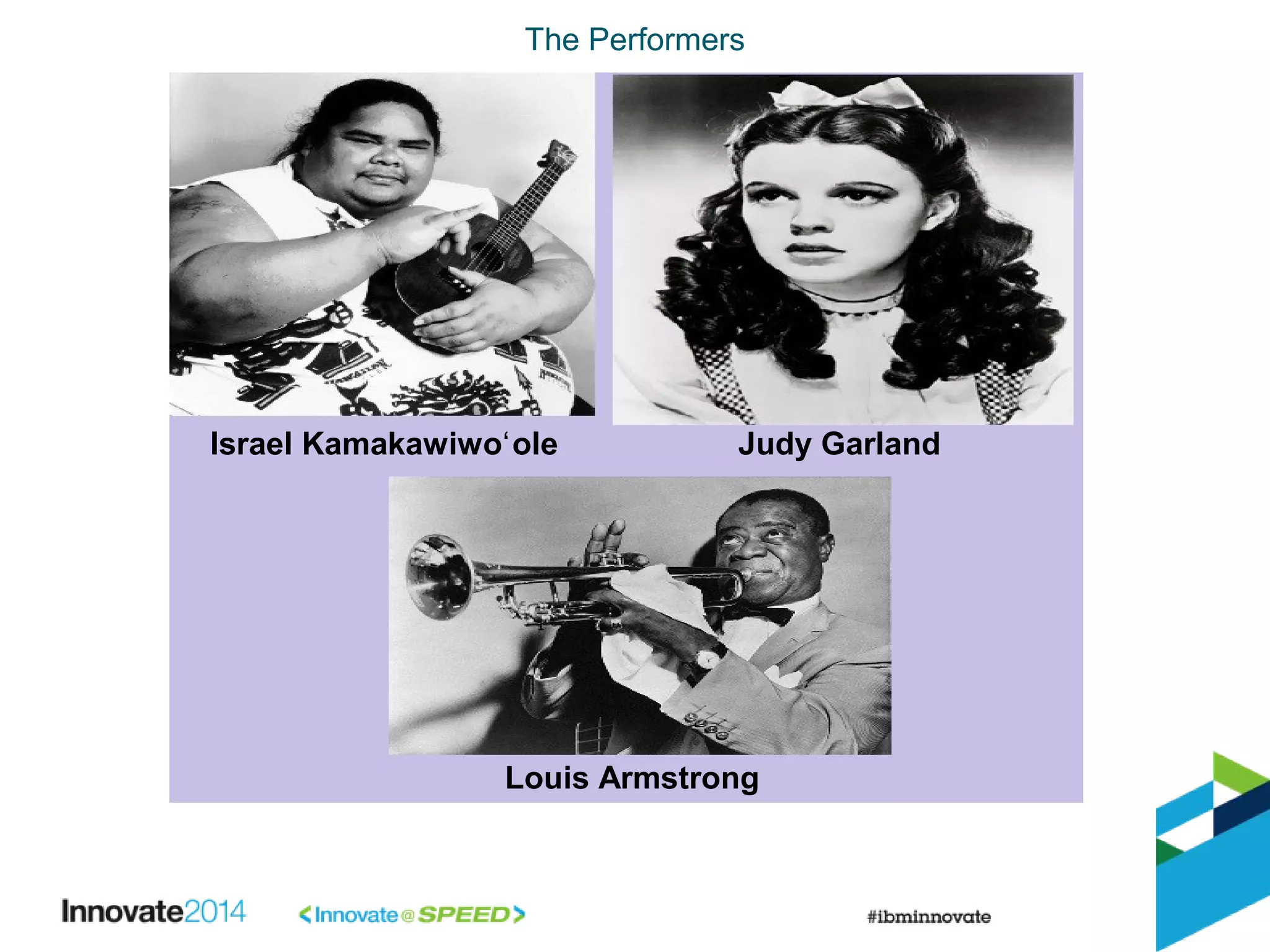 The Performers
Israel Kamakawiwo oleʻ
Louis Armstrong
Judy Garland
The Performers
 