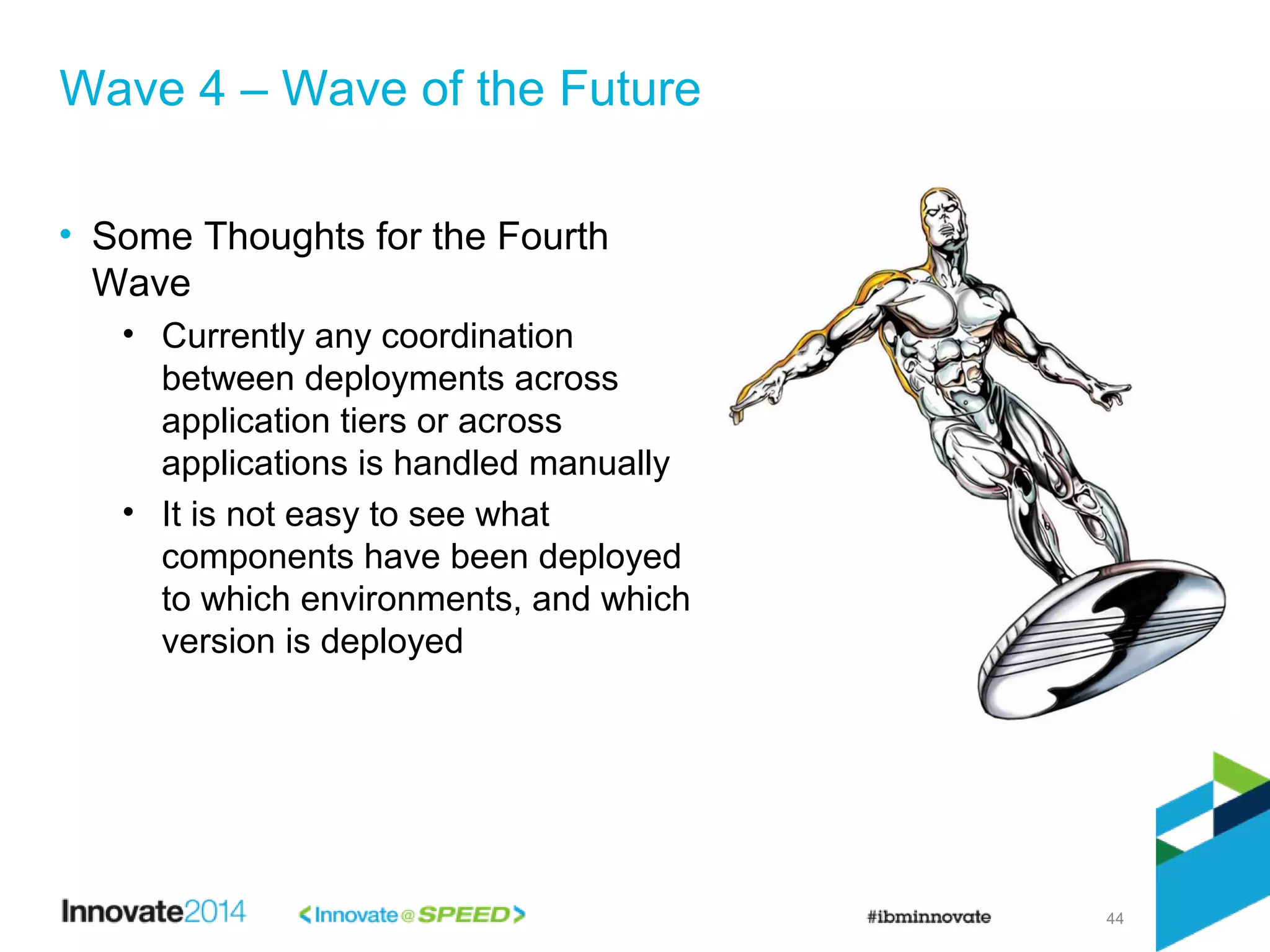 44
• Some Thoughts for the Fourth
Wave
• Currently any coordination
between deployments across
application tiers or across
applications is handled manually
• It is not easy to see what
components have been deployed
to which environments, and which
version is deployed
Wave 4 – Wave of the Future
 