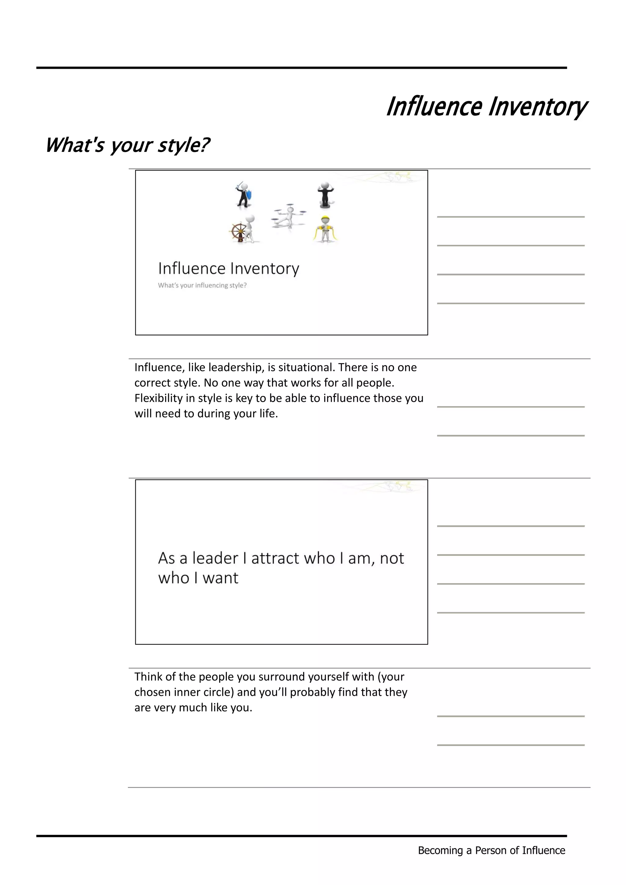 Becoming a Person of Influence
Influence Inventory
What's your style?
Influence, like leadership, is situational. There is no one
correct style. No one way that works for all people.
Flexibility in style is key to be able to influence those you
will need to during your life.
Think of the people you surround yourself with (your
chosen inner circle) and you’ll probably find that they
are very much like you.
 