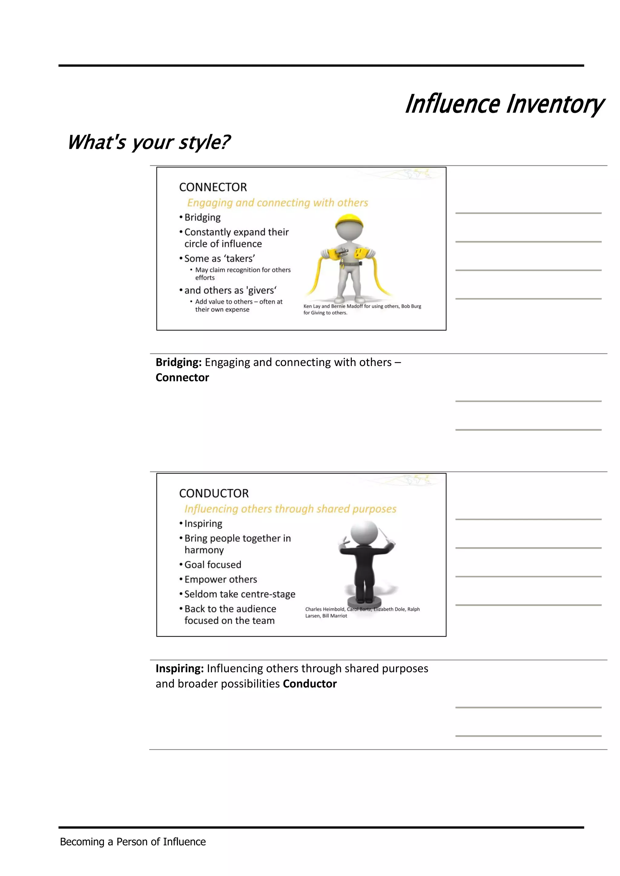 Becoming a Person of Influence
Influence Inventory
What's your style?
Bridging: Engaging and connecting with others –
Connector
Inspiring: Influencing others through shared purposes
and broader possibilities Conductor
 