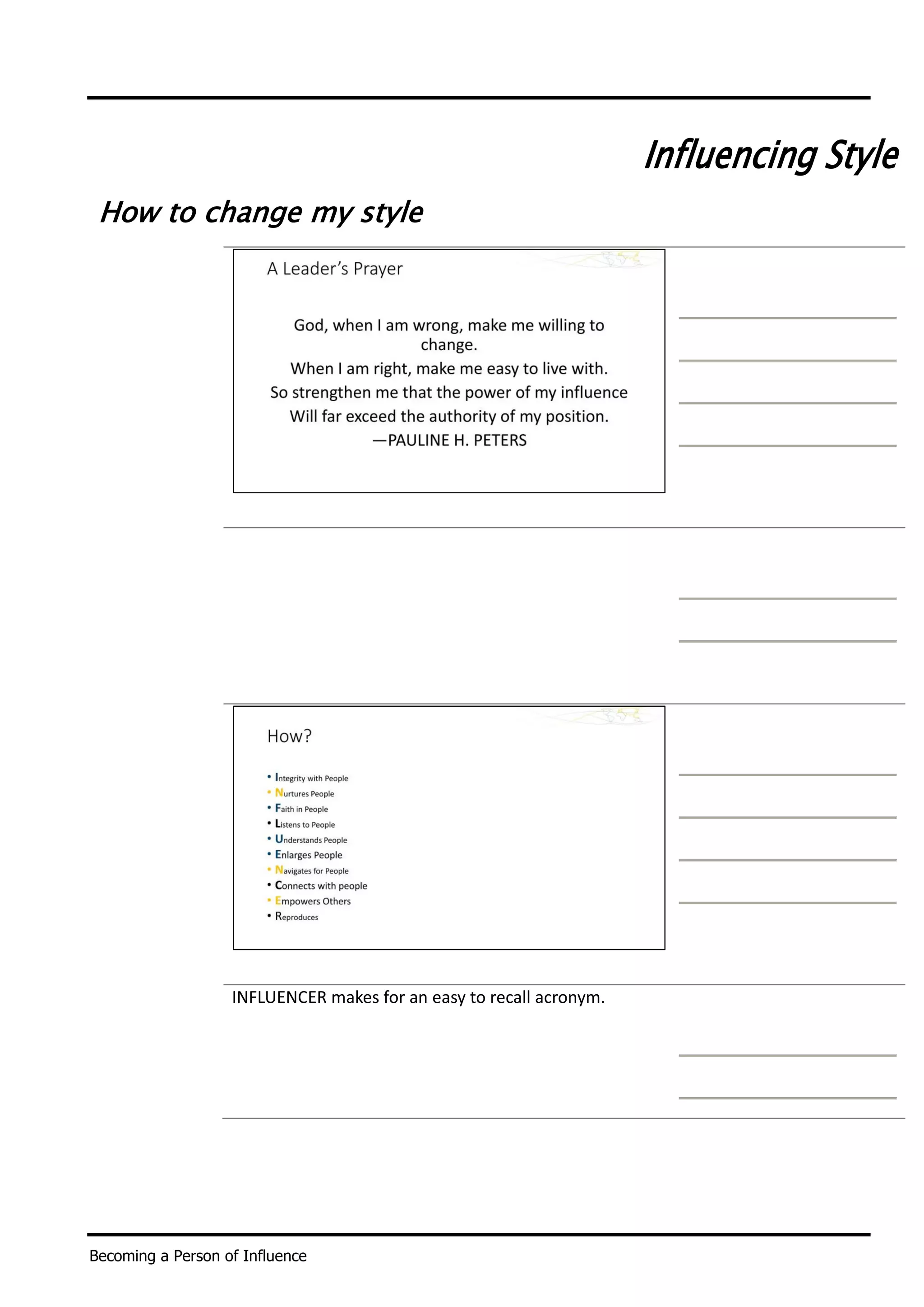 Becoming a Person of Influence
Influencing Style
How to change my style
INFLUENCER makes for an easy to recall acronym.
 