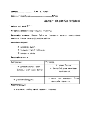 Батлав:...................................С.М Т.Ташкен 
Боловсруулсан багш:.............................................Т.Роза 
Ээлжит хичээлийн хөтөлбөр 
Хичээл заах анги: 9а б в г 
Хичээлийн сэдэв: Загвар байгуулах жишээнүүд 
Хичээлийн зорилго: Загвар байгуулах жишээнүүд, хэрэгцээ шаардлгандаа 
нийцүүлэн практик дадалд сургахад чиглэгдэнэ. 
Хичээлийн зорилт: 
 загвар гэж юу вэ? 
 байгуулах үүргийг тайлбарлах 
 жишээнүүд харах 
Хичээлийн агуулга: 
Судлагдахуун Ур чадвар 
 Загвар байгуулах тухай 
Загварын тухай тайлан бэлтгэх 
 тайлан бэлтгэх 
 Загвар байгуулах жишээнүүд 
тухай ойлголт 
 үндсэн боловсруулах 
 дэлгэц, гар, процессор болон 
тэдгээрийн үзүүлэлтүүд 
Хэрэглэгдэхүүн: 
 компьютер, самбар, шохай, проектор, presention, 
 