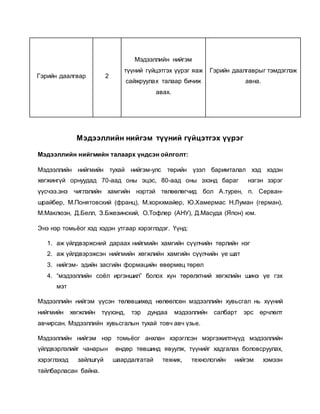 Гэрийн даалгвар 2 
Мэдээллийн нийгэм 
түүний гүйцэтгэх үүрэг яаж 
сайжруулах талаар бичиж 
авах. 
Гэрийн даалгаврыг тэмдэглэж 
авна. 
Мэдээллийн нийгэм түүний гүйцэтгэх үүрэг 
Мэдээллийн нийгмийн талаарх үндсэн ойлголт: 
Мэдээллийн нийгмийн тухай нийгэм-улс төрийн үзэл баримталал хэд хэдэн 
хөгжингүй орнуудад 70-аад оны эцэс, 80-аад оны эхэнд бараг нэгэн зэрэг 
үүсчээ.энэ чиглэлийн хамгийн нэртэй төлөөлөгчид бол А.турен, п. Серван- 
шрайбер, М.Понятовский (франц), М.хоркхмайер, Ю.Хамермас Н.Луман (герман), 
М.Маклюэн, Д.Белл, З.Бжезинский, О.Тофлер (АНУ), Д.Масуда (Япон) юм. 
Энэ нэр томьёог хэд хэдэн утгаар хэрэглэдэг. Үүнд: 
1. аж үйлдвэржсний дараах нийгмийн хамгийн сүүлчийн төрлийн нэг 
2. аж үйлдвэрэжсэн нийгмийн хөгжлийн хамгийн сүүлчийн үе шат 
3. нийгэм- эдийн засгийн формацийн өвөрмөц төрөл 
4. “мэдээллийн соёл иргэншил” болох хүн төрөлхтний хөгжлийн шинэ үе гэх 
мэт 
Мэдээллийн нийгэм үүсэн төлөвшихөд нөлөөлсөн мэдээллийн хувьсгал нь хүүний 
нийгмийн хөгжлийн түүхэнд, тэр дундаа мэдээллийн салбарт эрс өрчлөлт 
авчирсан. Мэдээллийн хувьсгалын тухай товч авч үзье. 
Мэдээллийн нийгэм нэр томьёог анхлан хэрэглсэн мэргэжилтнүүд мэдээллийн 
үйлдвэрлэлийг чанарын өндөр төвшинд явуулж, түүнийг хадгалах боловсруулах, 
хэрэглэхэд зайлшгүй шаардалгатай техник, технологийн нийгэм хэмээн 
тайлбарласан байна. 
 