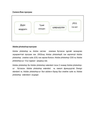 Сamera Raw програм 
Дүрс 
мэдрэгч 
Adobe photoshop програм 
Түхий 
өгөгдөл 
цэвршүүлэх 
jPEG 
гэх мэт 
Adobe photoshop нь Adobe систем компани бүтээсэн зургийг засварлах 
зориулалттай програм юм. 2003онд Adobe photoshop8 гэж нэрлэлгүй Adobe 
photoshop creative suite (CS) гэж нэрлэх болсон. Adobe photoshop CS5 нь Adobe 
photoshop-ын 12-р туурвал (редакц) юм. 
Adobe photoshop ба Adobe photoshop extended гэсэн 2 янзаар Adobe photoshop - 
ыг бүтээсэн. Adobe photoshop extended нь нэмэлт функцүүдтэй. Design 
standard нь Adobe photoshop-ыг бол adobe-н бусад бүх creative suite нь Adobe 
photoshop extended-г агуулдаг. 
 