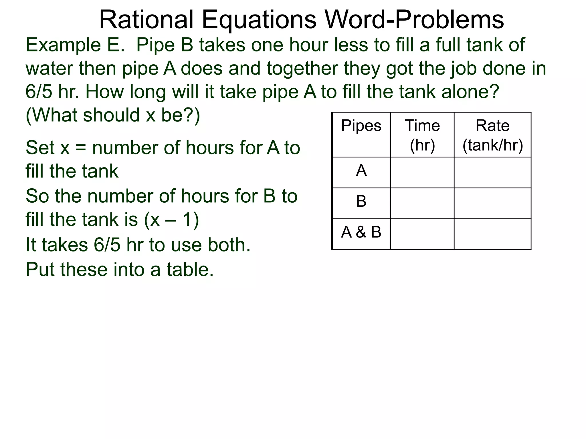 Rational Equations Word-Problems
Set x = number of hours for A to
fill the tank
Pipes Time
(hr)
Rate
(tank/hr)
A
B
A & B
Example E. Pipe B takes one hour less to fill a full tank of
water then pipe A does and together they got the job done in
6/5 hr. How long will it take pipe A to fill the tank alone?
(What should x be?)
So the number of hours for B to
fill the tank is (x – 1)
It takes 6/5 hr to use both.
Put these into a table.
 