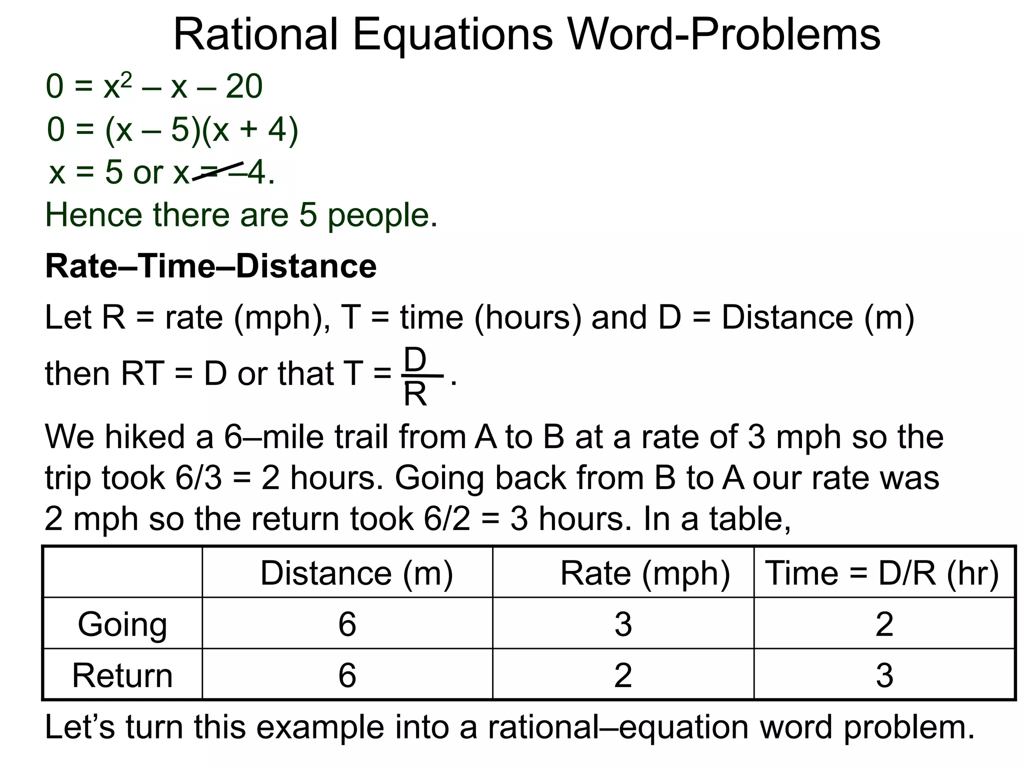 Rational Equations Word-Problems
Let R = rate (mph), T = time (hours) and D = Distance (m)
then RT = D or that T = . .D
R
We hiked a 6–mile trail from A to B at a rate of 3 mph so the
trip took 6/3 = 2 hours. Going back from B to A our rate was
2 mph so the return took 6/2 = 3 hours. In a table,
Distance (m) Rate (mph) Time = D/R (hr)
Going 6 3 2
Return 6 2 3
Let’s turn this example into a rational–equation word problem.
0 = x2 – x – 20
0 = (x – 5)(x + 4)
x = 5 or x = –4.
Rate–Time–Distance
Hence there are 5 people.
 