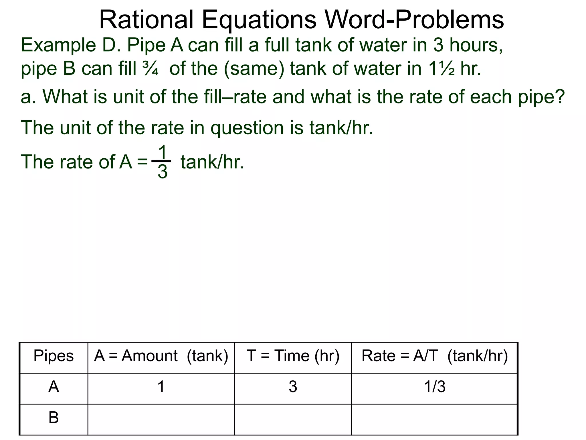 Rational Equations Word-Problems
Example D. Pipe A can fill a full tank of water in 3 hours,
pipe B can fill ¾ of the (same) tank of water in 1½ hr.
a. What is unit of the fill–rate and what is the rate of each pipe?
The unit of the rate in question is tank/hr.
1
3
The rate of A = tank/hr.
Pipes A = Amount (tank) T = Time (hr) Rate = A/T (tank/hr)
A 1 3 1/3
B
 