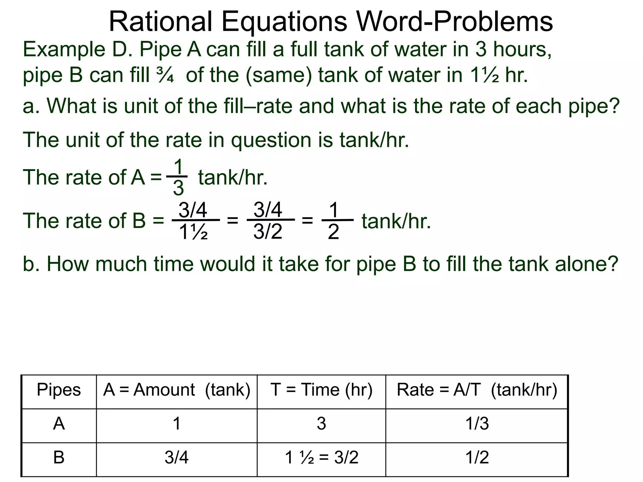 Rational Equations Word-Problems
Example D. Pipe A can fill a full tank of water in 3 hours,
pipe B can fill ¾ of the (same) tank of water in 1½ hr.
a. What is unit of the fill–rate and what is the rate of each pipe?
The unit of the rate in question is tank/hr.
1
3
=
1
2
The rate of A = tank/hr.
The rate of B = tank/hr.
3/4
1½
=
3/4
3/2
b. How much time would it take for pipe B to fill the tank alone?
Pipes A = Amount (tank) T = Time (hr) Rate = A/T (tank/hr)
A 1 3 1/3
B 3/4 1 ½ = 3/2 1/2
 