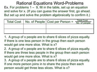 Rational Equations Word-Problems
Ex. For problems 1 – 9, fill in the table, set up an equation
and solve for x. (If you can guess the answer first, go ahead.
But set up and solve the problem algebraically to confirm it.)
2. A group of x people are to share 6 slices of pizza equally.
If there are three less people in the group then each person
would get one more slice. What is x?
3. A group of x people are to share 6 slices of pizza equally.
If one more person joins in to share the pizza then each
person would get three less slices. What is x?
1. A group of x people are to share 6 slices of pizza equally.
If there is one less person in the group then each person
would get one more slice. What is x?
Total Cost No. of People Cost per Person = Total Cost
No. of people
 