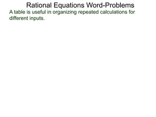 Rational Equations Word-Problems
A table is useful in organizing repeated calculations for
different inputs.
 