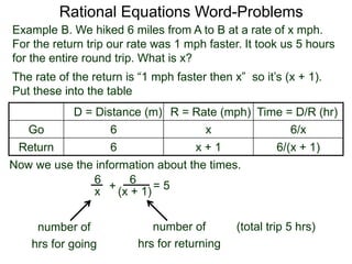 Rational Equations Word-Problems
Example B. We hiked 6 miles from A to B at a rate of x mph.
For the return trip our rate was 1 mph faster. It took us 5 hours
for the entire round trip. What is x?
D = Distance (m) R = Rate (mph) Time = D/R (hr)
Go 6 x 6/x
Return 6 x + 1 6/(x + 1)
The rate of the return is “1 mph faster then x” so it’s (x + 1).
Put these into the table
6
(x + 1)
6
x
Now we use the information about the times.
+ = 5
(total trip 5 hrs)number of
hrs for going
number of
hrs for returning
 