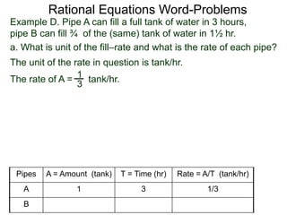 Rational Equations Word-Problems
Example D. Pipe A can fill a full tank of water in 3 hours,
pipe B can fill ¾ of the (same) tank of water in 1½ hr.
a. What is unit of the fill–rate and what is the rate of each pipe?
The unit of the rate in question is tank/hr.
1
3
The rate of A = tank/hr.
Pipes A = Amount (tank) T = Time (hr) Rate = A/T (tank/hr)
A 1 3 1/3
B
 