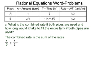 Rational Equations Word-Problems
The combined rate is the sum of the rates
Pipes A = Amount (tank) T = Time (hr) Rate = A/T (tank/hr)
A 1 3 1/3
B 3/4 1 ½ = 3/2 1/2
c. What is the combined rate if both pipes are used and
how long would it take to fill the entire tank if both pipes are
used?
1
3 +
1
2
 
