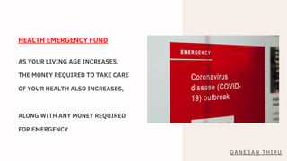 HEALTH EMERGENCY FUND
GANESAN THIRU
AS YOUR LIVING AGE INCREASES,
THE MONEY REQUIRED TO TAKE CARE
OF YOUR HEALTH ALSO INCREASES,
ALONG WITH ANY MONEY REQUIRED
FOR EMERGENCY
 