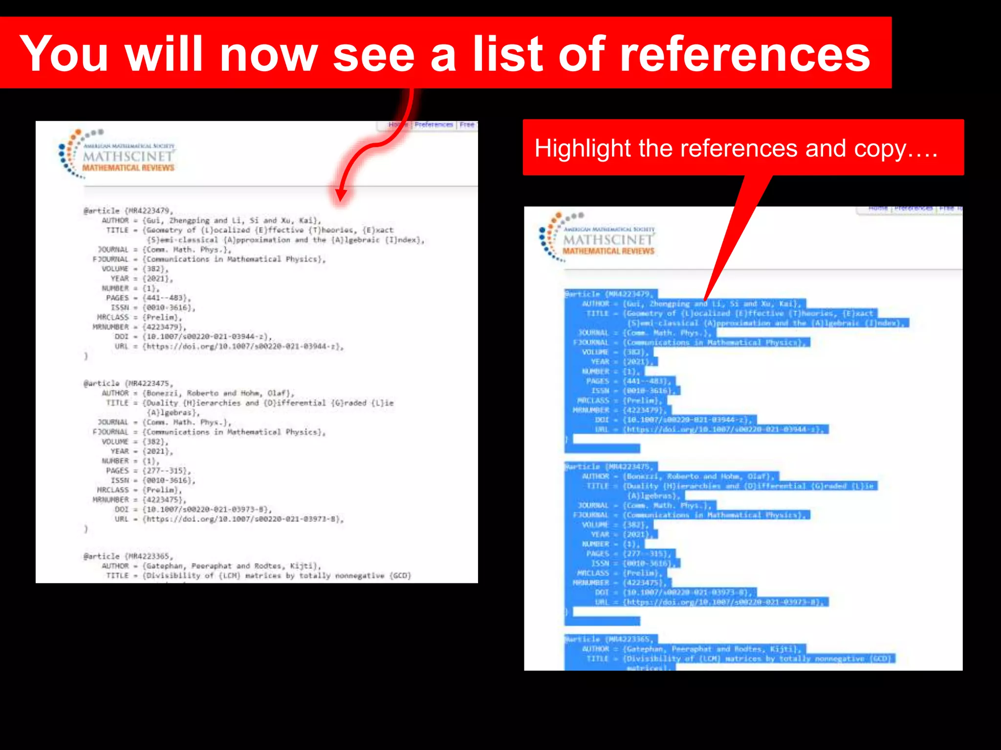 You will now see a list of references
Highlight the references and copy….
 