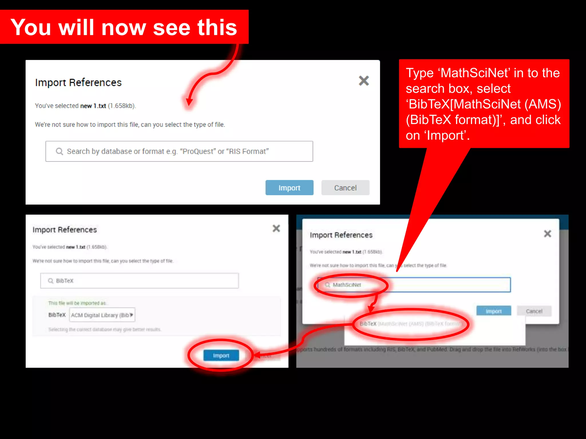 You will now see this
Type ‘MathSciNet’ in to the
search box, select
‘BibTeX[MathSciNet (AMS)
(BibTeX format)]’, and click
on ‘Import’.
 