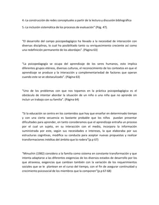 4.-La construcción de redes conceptuales a partir de la lectura y discusión bibliográfica

5.-La inclusión sistemática de los procesos de evaluación” (Pág. 47).



“El desarrollo del campo psicopedagógico ha llevado a la necesidad de interacción con
diversas disciplinas, lo cual ha posibilitado tanto su enriquecimiento creciente así como
una redefinición permanente de los abordajes”. (Página 63)



“La psicopedagogía se ocupa del aprendizaje de los seres humanos, esto implica
diferentes grupos etéreos, diversas culturas, el reconocimiento de los contextos en que el
aprendizaje se produce y la interacción y complementariedad de factores que operan
cuando este se ve obstaculizado”. (Página 63)



“Uno de los problemas con que nos topamos en la práctica psicopedagógica es el
obstáculo de intentar abordar la situación de un niño o una niña que no aprende sin
incluir un trabajo con su familia”. (Página 64)



“Si la educación se centra en los contenidos que hay que enseñar en determinado tiempo
y con una cierta secuencia es bastante probable que los niños puedan presentar
dificultades para aprender, en tanto consideramos que el aprendizaje entraña un proceso
por el cual un sujeto, en su interacción con el medio, incorpora la información
suministrada por este, según sus necesidades e intereses, la que elaboraba por sus
estructuras cognitivas, modifica su conducta para aceptar nuevas propuestas y realizar
transformaciones inéditas del ámbito que lo rodera”(p.p 67)



“Minuchin (1982) considera a la familia como sistema en constante transformación y que
intenta adaptarse a las diferentes exigencias de los diversos estados de desarrollo por los
que atraviesa, exigencias que cambian también con la variación de los requerimientos
sociales que se le plantean en el curso del tiempo, con el fin de asegurar continuidad y
crecimiento psicosocial de los miembros que la componen”(p.p 67-68)
 