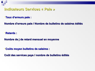 Indicateurs Services « Paie »
Taux d’erreurs paie :
Nombre d’erreurs paie / Nombre de bulletins de salaires édités
Retards :
Nombre de j de retard mensuel en moyenne
Coûts moyen bulletins de salaires :
Coût des services paye / nombre de bulletins édités

 