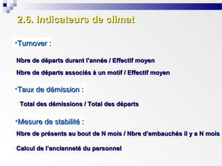 2.6. Indicateurs de climat
•Turnover :
Nbre de départs durant l’année / Effectif moyen
Nbre de départs associés à un motif / Effectif moyen

•Taux de démission :
Total des démissions / Total des départs

•Mesure de stabilité :
Nbre de présents au bout de N mois / Nbre d’embauchés il y a N mois
Calcul de l’ancienneté du personnel

 