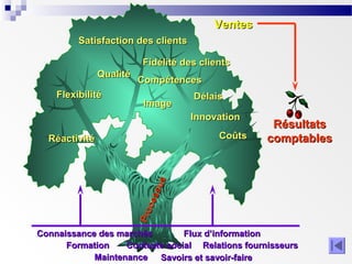 Ventes
Satisfaction des clients
Fidélité des clients
Qualité
Flexibilité

Compétences
Image

Délais
Innovation
Coûts

Pr o
ces
su s

Réactivité

Résultats
comptables

Connaissance des marchés
Flux d’information
Formation
Contexte social Relations fournisseurs
Maintenance Savoirs et savoir-faire

 