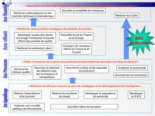 « Apparaître aux yeux des investisseurs comme une entreprise profitable et en croissance »
Renforcer notre présence sur les
marchés nationaux et internationaux

Accroître la rentabilité de l’entreprise
Maîtriser les Coûts

« Renforcer notre position stratégique de produits de qualité »
Développer auprès des clients
une image d’entreprise innovante
offrant des produits de qualité

Diversifier le CA en France
et en Europe

BSC
de BioAlim

Conquérir de nouveaux
clients en France et en
Europe

Renforcer la satisfaction client

« Doter l’entreprise de moyens de production lui permettant de sécuriser son taux de service »
Diminuer les
Défauts qualité

Sécuriser et optimiser
les relations avec
les fournisseurs et
transporteurs

Accroître la surface et les capacités
de production

Améliorer la productivité
Diminuer les non production

« Mobiliser les RH pour assurer la sécurité stratégique et le développement de l’entreprise »
Réduire l’absentéisme
et le turnover
Instaurer une nouvelle
politique de rémunération

Réduire les accidents
du travail

Développer la polyvalence
du personnel

Accroître l’effort de formation

Développer
la R & D

 