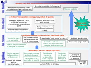 « Apparaître aux yeux des actionnaires comme une entreprise profitable et en croissance »
Renforcer notre présence sur les
marchés nationaux et internationaux

Accroître la rentabilité de l’entreprise
Maîtriser les Coûts

« Renforcer notre position stratégique de produits de qualité »
Développer auprès des clients
une image d’entreprise
innovante offrant des produits de
qualité
Renforcer la satisfaction client

Diminuer les coûts
de non qualité

Diversifier le CA en France
et en Europe

Approche
« Efficience »

Conquérir de nouveaux
clients en France et en
Europe

« Développer des processus assurant la maîtrise des coûts »
Sécuriser et optimiser
Optimiser les capacités de production
les relations avec les
Frs et transporteurs
Réduire les coûts liés au non

Améliorer la productivité
Diminuer les non production

respect des règles en matière
d’hygiène et de bactériologie

Réduire les consommations,
d’énergie et de matières,…

« Mobiliser les RH sur la maîtrise des coûts »
Réduire les coûts
de l’absentéisme
et du turnover
Instaurer une nouvelle
politique
de rémunération

Réduire les coûts des
accidents de travail
Sensibiliser les RH
aux règles de sécurité

Sensibiliser le
personnel
au respect des
règles d’hygiène
et de bactériologie

Sensibiliser
Les RH aux
économies
d’énergie et
de matières

Accroître l’effort de formation

Développer
la polyvalence
du personnel
Développer
la R & D

 