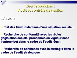 Deux approches :
Audit et contrôle de gestion

L’audit :
Etat des lieux instantané d’une situation sociale ;
Recherche de conformité avec les règles
(législation sociale, procédures en vigueur dans
l’entreprise) dans le cadre de l’audit légal ;
Recherche de cohérence avec la stratégie dans le
cadre de l’audit stratégique

 
