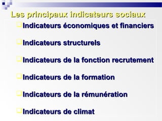 Les principaux indicateurs sociaux
Indicateurs économiques et financiers
Indicateurs structurels
Indicateurs de la fonction recrutement
Indicateurs de la formation
Indicateurs de la rémunération
Indicateurs de climat

 