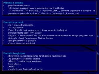 Polmoniti in comunità
 Polmoniti in comunità
--   prevalentemente gram ++
      prevalentemente gram
--   30% isolamento negativo per la somministrazione di antibiotici
      30% isolamento negativo per la somministrazione di antibiotici
--    S. pneumoniae (25% mortalità), H. influentiae (BPCO, bambini), Legionella, Chlamydia, M.
       S. pneumoniae (25% mortalità), H. influentiae (BPCO, bambini), Legionella, Chlamydia, M.
     pneumoniae (polmonite atipica), M. tubercolosis (anche atipici), S. aureus, virus
      pneumoniae (polmonite atipica), M. tubercolosis (anche atipici), S. aureus, virus


Polmoniti nosocomiali
 Polmoniti nosocomiali
--   22oo++gg dopo l’ammissione
            gg dopo l’ammissione
--   5% ospedalizzati
      5% ospedalizzati
--   Fattori di rischio: età, patologie gravi, fumo, anestesie, intubazioni
      Fattori di rischio: età, patologie gravi, fumo, anestesie, intubazioni
--   prevalentemente gram - -(60% dei casi)
      prevalentemente gram (60% dei casi)
--   Diagnosi per isolamento difficile perché molti sono commensali dell’orofaringe (meglio un BAL)
      Diagnosi per isolamento difficile perché molti sono commensali dell’orofaringe (meglio un BAL)
--   Kelbsiella, E.coli, Pseudomonas, Proteus, Serratia
      Kelbsiella, E.coli, Pseudomonas, Proteus, Serratia
--   Rara persistenza di Legionella
      Rara persistenza di Legionella
--   Cross resistenze ad antibiotici
      Cross resistenze ad antibiotici



Polmoniti da aspirazione
 Polmoniti da aspirazione
--   Rigurgito in caso di incoscienza ooper alterazioni neuromuscolari
      Rigurgito in caso di incoscienza per alterazioni neuromuscolari
--   Ac. cloridrico  polmonite chimica
      Ac. cloridrico  polmonite chimica
--   Alimenti reazioni da corpo estraneo
      Alimenti reazioni da corpo estraneo
--   Superinfezioni
      Superinfezioni
--   Ascessi
      Ascessi
--   Fusobacterium, Bacteroides, S. aureus
      Fusobacterium, Bacteroides, S. aureus
 
