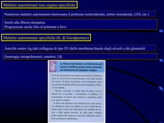 Malattie autoimmuni non organo-specifiche
Malattie autoimmuni non organo-specifiche
Numerose malattie autoimmuni interessano ililpolmone (sclerodermia, artrite reumatoide, LES, etc.)
 Numerose malattie autoimmuni interessano polmone (sclerodermia, artrite reumatoide, LES, etc.)
Simili alla fibrosi idiopatica
 Simili alla fibrosi idiopatica
Progressione anche fino al polmone aafavo
 Progressione anche fino al polmone favo

Malattie autoimmuni specifiche (S. di Goodpasture)
Malattie autoimmuni specifiche (S. di Goodpasture)

AutoAb contro Ag (del collagene di tipo IV) della membrana basale degli alveoli eedei glomeruli
 AutoAb contro Ag (del collagene di tipo IV) della membrana basale degli alveoli dei glomeruli
Emorragie intrapolmonari, emottisi, I.R.
 Emorragie intrapolmonari, emottisi, I.R.
 