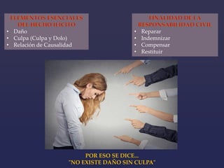 • Daño
• Culpa (Culpa y Dolo)
• Relación de Causalidad
• Reparar
• Indemnizar
• Compensar
• Restituir
POR ESO SE DICE...
"NO EXISTE DAÑO SIN CULPA"
 