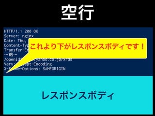 空行
HTTP/1.1 200 OK
Server: nginx
Date: Thu, 24 Sep 2015 09:11:53 GMT
Content-Type: text/html; charset=UTF-8
Transfer-Encoding: chunked
〜略〜
/openid20/www.yahoo.co.jp/xrds
Vary: Accept-Encoding
X-Frame-Options: SAMEORIGIN
<!DOCTYPE HTML PUBLIC "-//W3C//DTD HTML 4.01 Transitional//EN"
"http://www.w3.org/TR/html4/loose.dtd">
<html>
<head>
<meta http-equiv="content-type" content="text/html;
charset=utf-8">
〜以下略〜
レスポンスボディ
これより下がレスポンスボディです！
 