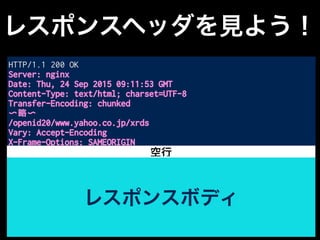 レスポンスヘッダを見よう！
HTTP/1.1 200 OK
Server: nginx
Date: Thu, 24 Sep 2015 09:11:53 GMT
Content-Type: text/html; charset=UTF-8
Transfer-Encoding: chunked
〜略〜
/openid20/www.yahoo.co.jp/xrds
Vary: Accept-Encoding
X-Frame-Options: SAMEORIGIN
<!DOCTYPE HTML PUBLIC "-//W3C//DTD HTML 4.01 Transitional//EN"
"http://www.w3.org/TR/html4/loose.dtd">
<html>
<head>
<meta http-equiv="content-type" content="text/html;
charset=utf-8">
〜以下略〜
レスポンスボディ
空行
 