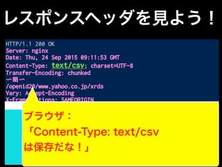 レスポンスヘッダを見よう！
HTTP/1.1 200 OK
Server: nginx
Date: Thu, 24 Sep 2015 09:11:53 GMT
Content-Type: text/csv; charset=UTF-8
Transfer-Encoding: chunked
〜略〜
/openid20/www.yahoo.co.jp/xrds
Vary: Accept-Encoding
X-Frame-Options: SAMEORIGIN
<!DOCTYPE HTML PUBLIC "-//W3C//DTD HTML 4.01 Transitional//EN"
"http://www.w3.org/TR/html4/loose.dtd">
<html>
<head>
<meta http-equiv="content-type" content="text/html;
charset=utf-8">
〜以下略〜
レスポンスボディ
空行
ブラウザ：
「Content-Type: text/csv
は保存だな！」
 