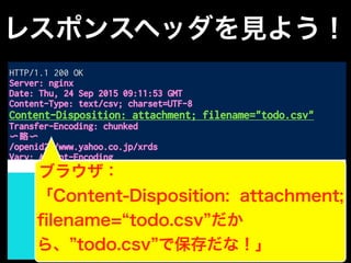 レスポンスヘッダを見よう！
HTTP/1.1 200 OK
Server: nginx
Date: Thu, 24 Sep 2015 09:11:53 GMT
Content-Type: text/csv; charset=UTF-8
Content-Disposition: attachment; filename="todo.csv"
Transfer-Encoding: chunked
〜略〜
/openid20/www.yahoo.co.jp/xrds
Vary: Accept-Encoding
X-Frame-Options: SAMEORIGIN
<!DOCTYPE HTML PUBLIC "-//W3C//DTD HTML 4.01 Transitional//EN"
"http://www.w3.org/TR/html4/loose.dtd">
<html>
<head>
<meta http-equiv="content-type" content="text/html; charset=utf-8">
〜以下略〜
レスポンスボディ
空行
ブラウザ：
「Content-Disposition: attachment;
ﬁlename= todo.csv だか
ら、 todo.csv で保存だな！」
 