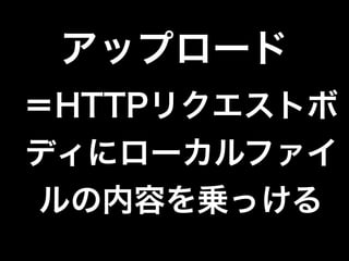 アップロード
＝HTTPリクエストボ
ディにローカルファイ
ルの内容を乗っける
 