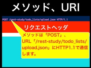 メソッド、URI
POST /rest-study/todo_lists/upload.json HTTP/1.1
Host: 10.0.1.206
User-Agent: Mozilla/5.0 (Macintosh; Intel Mac OS X 10.10; rv:42.0) Gecko/20100101 Firefox/42.0
〜略〜
Content-Length: 779
Content-Type: multipart/form-data; boundary=---------------------------1395431092341454357747073315
〜略〜
Cache-Control: no-cache
-----------------------------1395431092341454357747073315
Content-Disposition: form-data; name="0"; filename="todolist1.txt"
Content-Type: text/plain
todolist1.txtからアップロードしたTODO1
〜略〜
todolist1.txtからアップロードしたTODO5
-----------------------------1395431092341454357747073315
Content-Disposition: form-data; name="1"; filename="todolist2.txt"
Content-Type: text/plain
todolist2.txtからアップロードしたTODO1
todolist2.txtからアップロードしたTODO2
-----------------------------1395431092341454357747073315--
リクエストヘッダ
リクエストボディ
空行メソッドは「POST」、
URL「/rest-study/todo_lists/
upload.json」にHTTP1.1で通信
します。
 