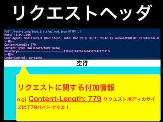 リクエストヘッダ
POST /rest-study/todo_lists/upload.json HTTP/1.1
Host: 10.0.1.206
User-Agent: Mozilla/5.0 (Macintosh; Intel Mac OS X 10.10; rv:42.0) Gecko/20100101 Firefox/42.0
〜略〜
Content-Length: 779
Content-Type: multipart/form-data;
boundary=---------------------------1395431092341454357747073315
〜略〜
Cache-Control: no-cache
-----------------------------1395431092341454357747073315
Content-Disposition: form-data; name="0"; filename="todolist1.txt"
Content-Type: text/plain
todolist1.txtからアップロードしたTODO1
〜略〜
todolist1.txtからアップロードしたTODO5
-----------------------------1395431092341454357747073315
Content-Disposition: form-data; name="1"; filename="todolist2.txt"
Content-Type: text/plain
todolist2.txtからアップロードしたTODO1
todolist2.txtからアップロードしたTODO2
-----------------------------1395431092341454357747073315--
リクエストボディ
空行
リクエストに関する付加情報
e.g) Content-Length: 779 リクエストボディのサイ
ズは779バイトですよ！
 