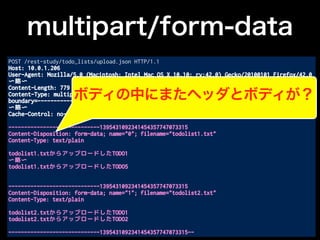 multipart/form-data
POST /rest-study/todo_lists/upload.json HTTP/1.1
Host: 10.0.1.206
User-Agent: Mozilla/5.0 (Macintosh; Intel Mac OS X 10.10; rv:42.0) Gecko/20100101 Firefox/42.0
〜略〜
Content-Length: 779
Content-Type: multipart/form-data;
boundary=---------------------------1395431092341454357747073315
〜略〜
Cache-Control: no-cache
-----------------------------1395431092341454357747073315
Content-Disposition: form-data; name="0"; filename="todolist1.txt"
Content-Type: text/plain
todolist1.txtからアップロードしたTODO1
〜略〜
todolist1.txtからアップロードしたTODO5
-----------------------------1395431092341454357747073315
Content-Disposition: form-data; name="1"; filename="todolist2.txt"
Content-Type: text/plain
todolist2.txtからアップロードしたTODO1
todolist2.txtからアップロードしたTODO2
-----------------------------1395431092341454357747073315--
ボディの中にまたヘッダとボディが？
 