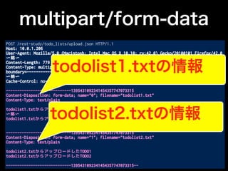 multipart/form-data
POST /rest-study/todo_lists/upload.json HTTP/1.1
Host: 10.0.1.206
User-Agent: Mozilla/5.0 (Macintosh; Intel Mac OS X 10.10; rv:42.0) Gecko/20100101 Firefox/42.0
〜略〜
Content-Length: 779
Content-Type: multipart/form-data;
boundary=---------------------------1395431092341454357747073315
〜略〜
Cache-Control: no-cache
-----------------------------1395431092341454357747073315
Content-Disposition: form-data; name="0"; filename="todolist1.txt"
Content-Type: text/plain
todolist1.txtからアップロードしたTODO1
〜略〜
todolist1.txtからアップロードしたTODO5
-----------------------------1395431092341454357747073315
Content-Disposition: form-data; name="1"; filename="todolist2.txt"
Content-Type: text/plain
todolist2.txtからアップロードしたTODO1
todolist2.txtからアップロードしたTODO2
-----------------------------1395431092341454357747073315--
todolist1.txtの情報
todolist2.txtの情報
 