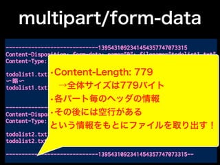multipart/form-data
-----------------------------1395431092341454357747073315
Content-Disposition: form-data; name="0"; filename="todolist1.txt"
Content-Type: text/plain
todolist1.txtからアップロードしたTODO1
〜略〜
todolist1.txtからアップロードしたTODO5
-----------------------------1395431092341454357747073315
Content-Disposition: form-data; name="1"; filename="todolist2.txt"
Content-Type: text/plain
todolist2.txtからアップロードしたTODO1
todolist2.txtからアップロードしたTODO2
-----------------------------1395431092341454357747073315--
•Content-Length: 779
 →全体サイズは779バイト
•各パート毎のヘッダの情報
•その後には空行がある
という情報をもとにファイルを取り出す！
 