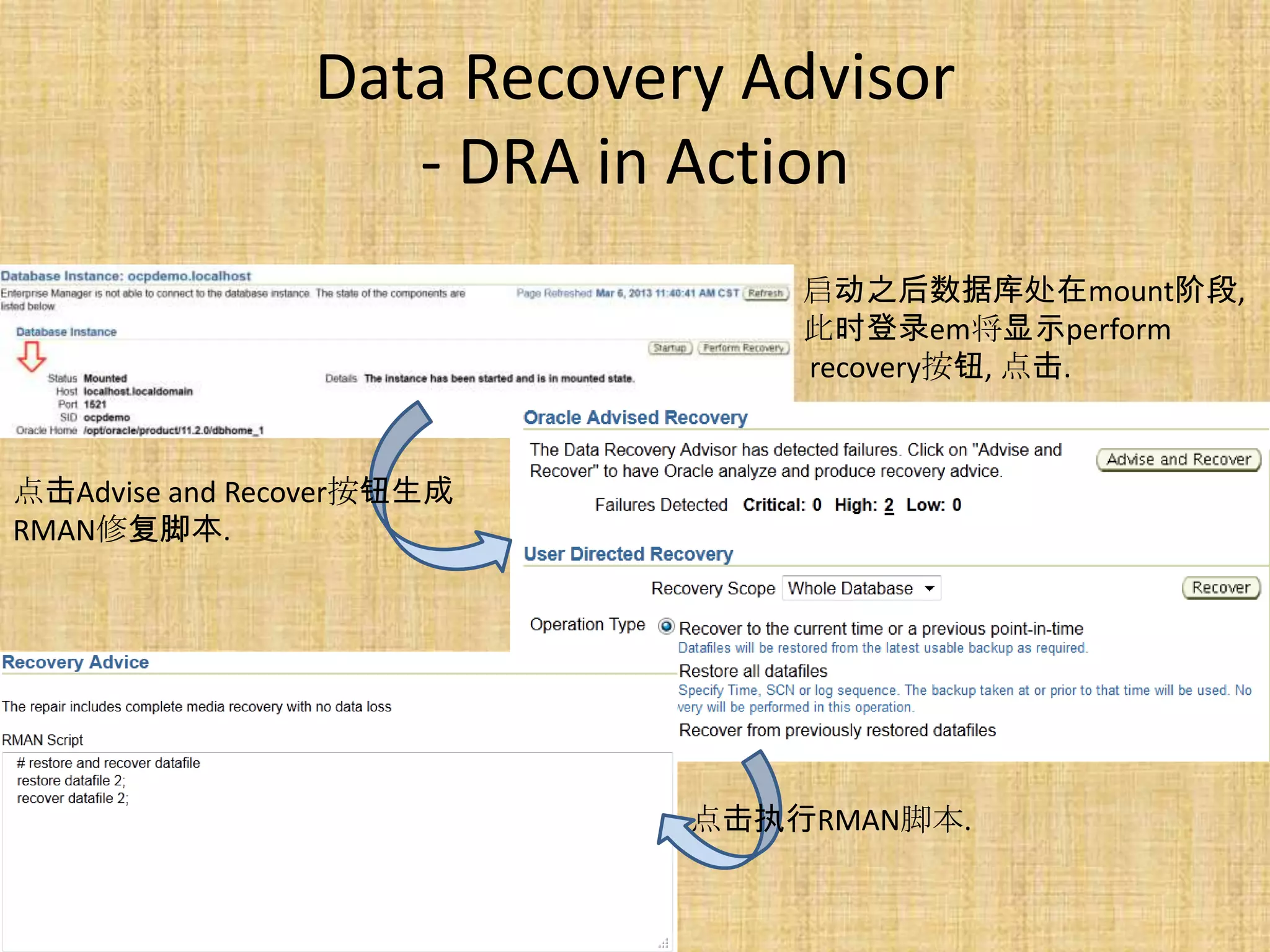 Data Recovery Advisor
                   - DRA in Action
                                启动之后数据库处在mount阶段,
                                此时登录em将显示perform
                                recovery按钮, 点击.


点击Advise and Recover按钮生成
RMAN修复脚本.




                            点击执行RMAN脚本.
 