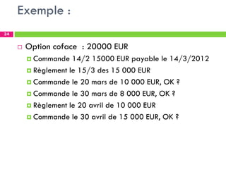 Exemple :
 Option coface : 20000 EUR
 Commande 14/2 15000 EUR payable le 14/3/2012
 Règlement le 15/3 des 15 000 EUR
 Commande le 20 mars de 10 000 EUR, OK ?
 Commande le 30 mars de 8 000 EUR, OK ?
 Règlement le 20 avril de 10 000 EUR
 Commande le 30 avril de 15 000 EUR, OK ?
24
 