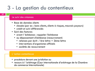 3 - La gestion du contentieux
27
• Base de données clients
• classée (par ex : bons clients, clients à risques, mauvais payeurs)
• crédit et suivi différenciés
• Suivi des factures
• avant l ’échéance : rappeler l’échéance
• au dépassement d’échéance (recouvrement)
• relances par écrit : 1ère lettre + 2ème lettre
• interventions d’organismes officiels
• sociétés de recouvrement
Le suivi des créances
• procédure devant une juridiction ou
• recours à l ’arbitrage (Cour internationale d’arbitrage de la Chambre
de commerce Internationale)
L ’action contentieuse
 